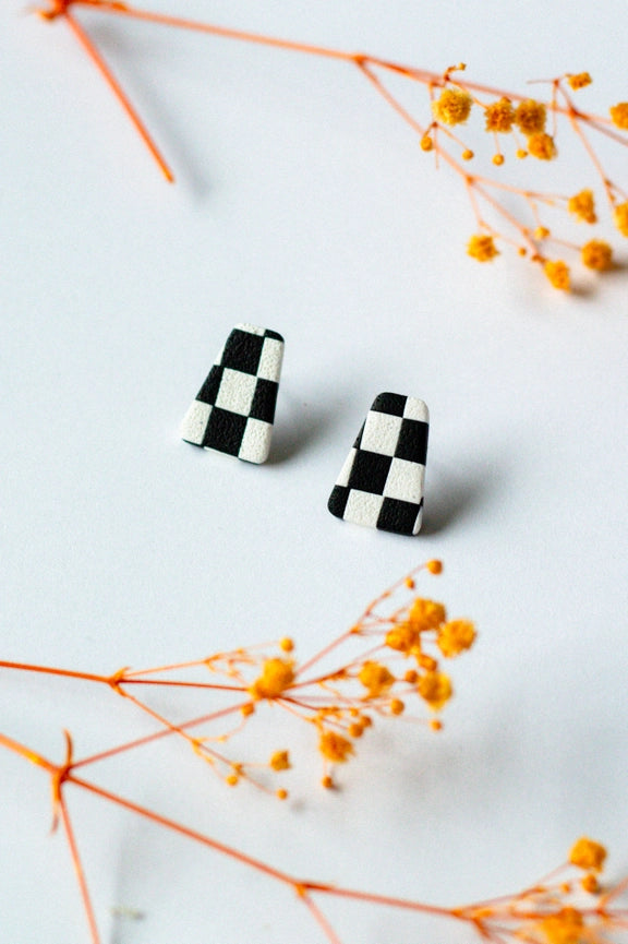 Slow Day Studios Black & White Checkerboard Polymer Clay Triangle Statement Stud Earrings