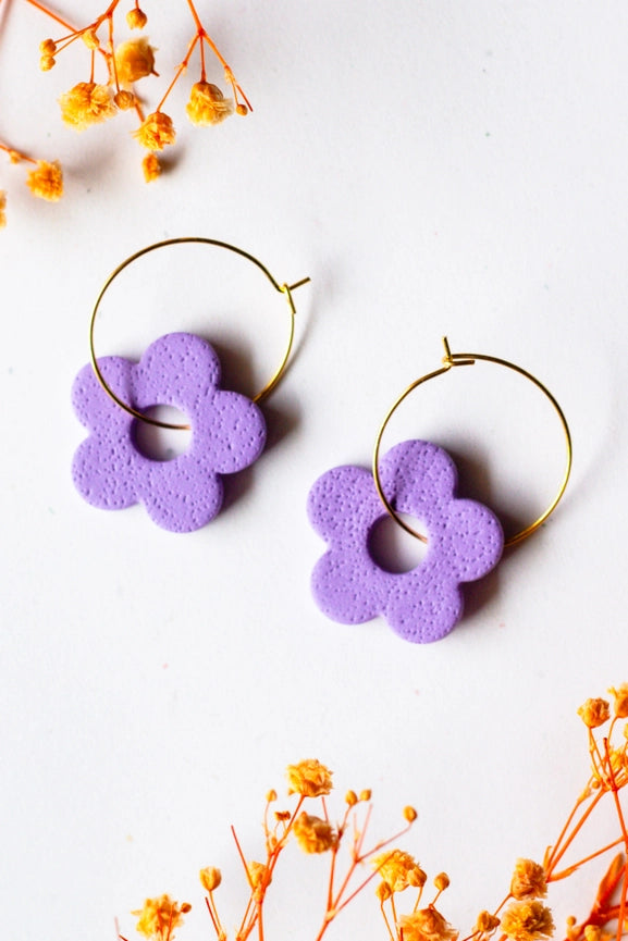 Slow Day Studios Gold Plated Purple Flower Hoop Earrings