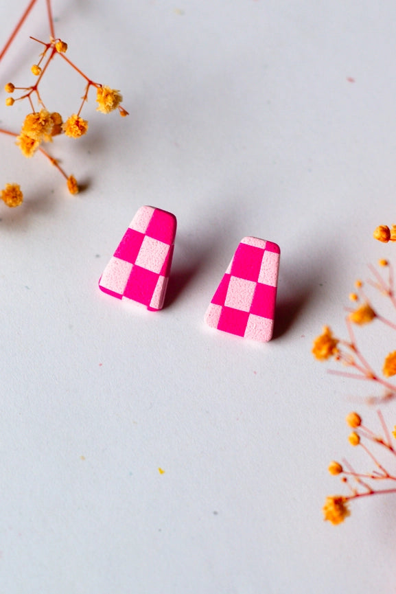 Slow Day Studios Pink Checkerboard Polymer Clay Triangle Statement Stud Earrings