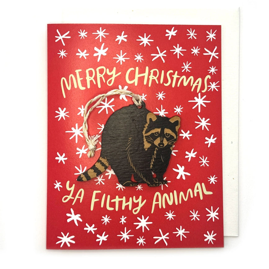 SnowMade Holiday Greeting Card Merry Christmas Ya Filthy Animal w/Raccoon Ornament