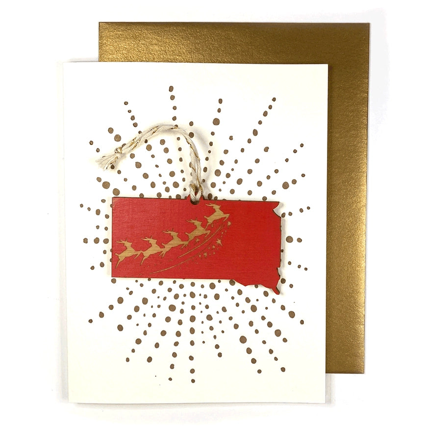 SnowMade Snowglobe Ornament with Card - Red South Dakota Reindeer Ornament