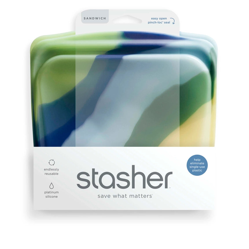 Stasher Reusable Silicone Sandwich Size Container Bag - Endangered Seas Blue Current