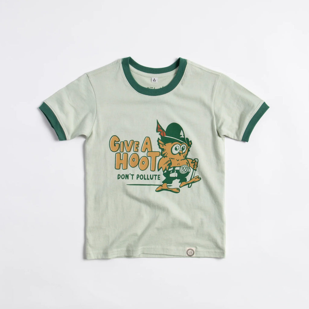 The Landmark Project Give A Hoot Don't Pollute YOUTH Short Sleeve Ringer Tee - Pistachio + Palm Leaf