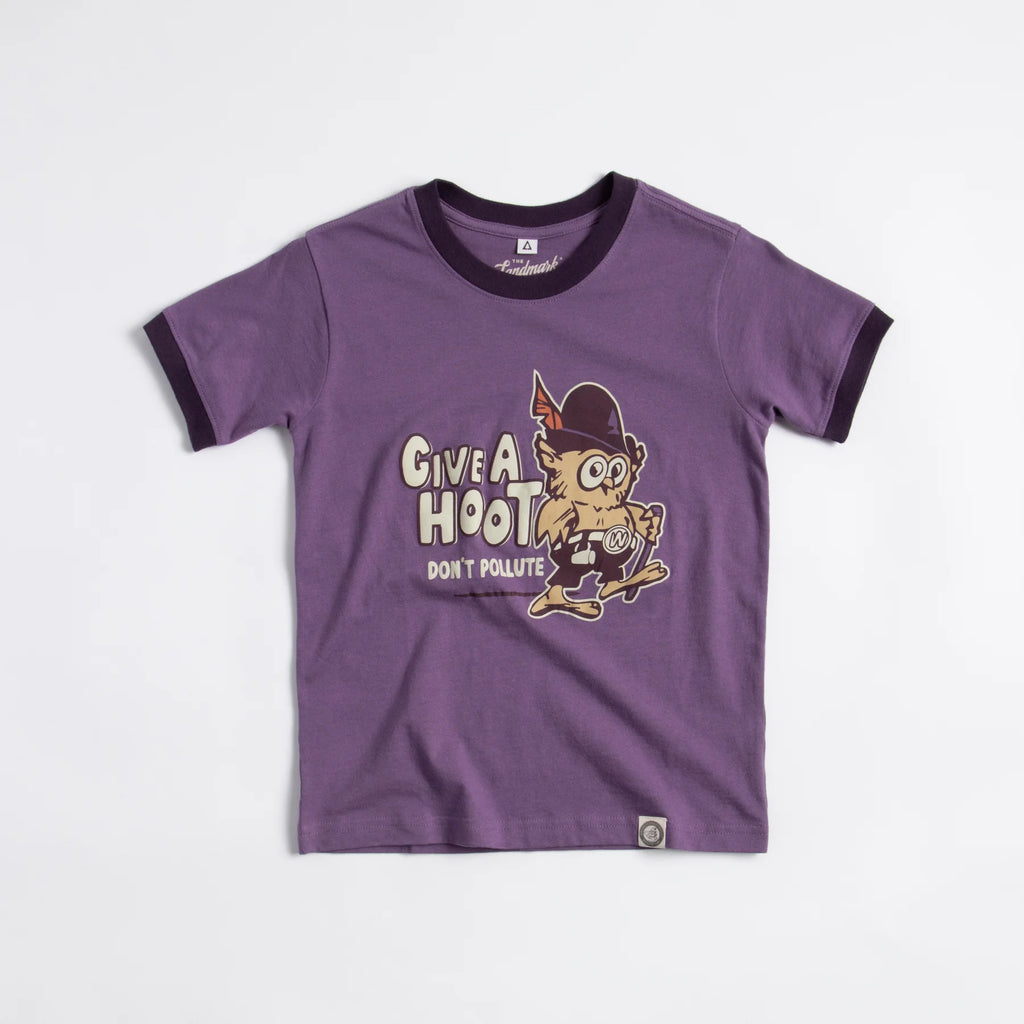 The Landmark Project Give A Hoot Don't Pollute YOUTH Short Sleeve Ringer Tee - Purple + Dusk