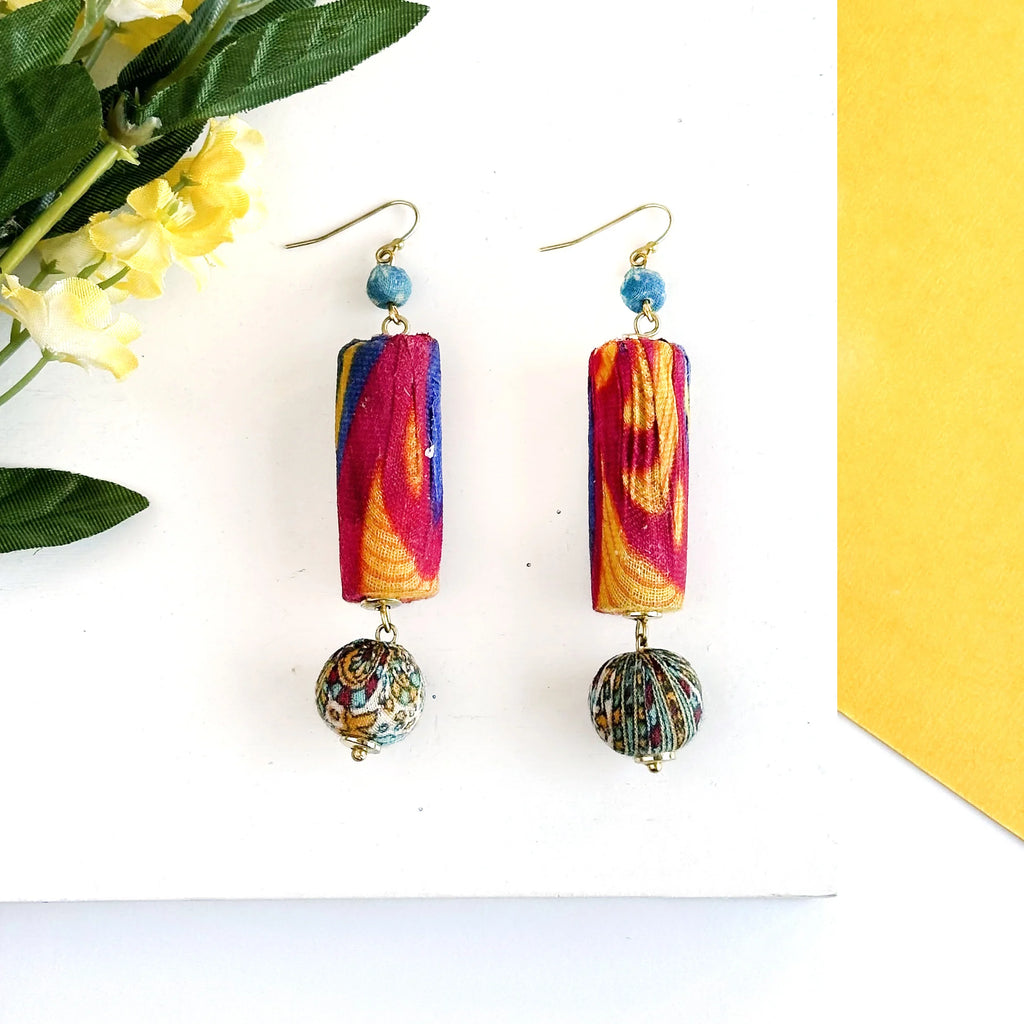 WorldFinds Fair Trade Handmade Kantha Bead Cylindrical Statement Earrings