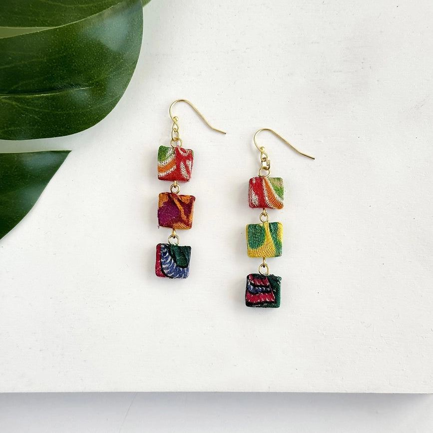 WorldFinds Fair Trade Handmade Kantha Bead Fluid Square Earrings