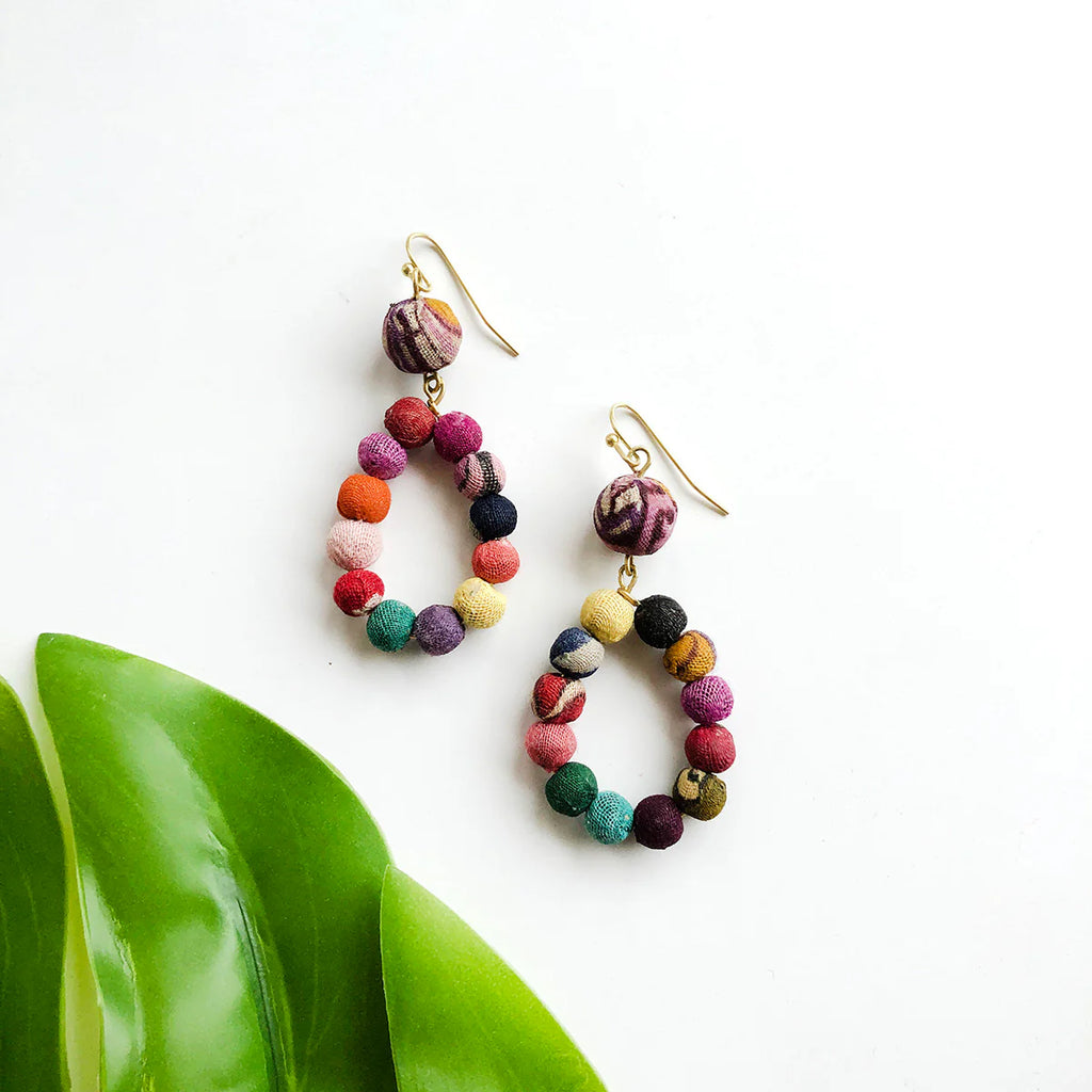 WorldFinds Fair Trade Handmade Kantha Dangling Teardrop Earrings