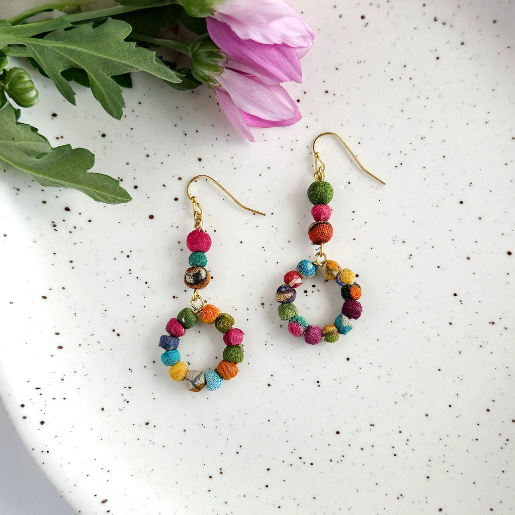 WorldFinds Fair Trade Handmade Kantha Exclamation Hoop Earrings