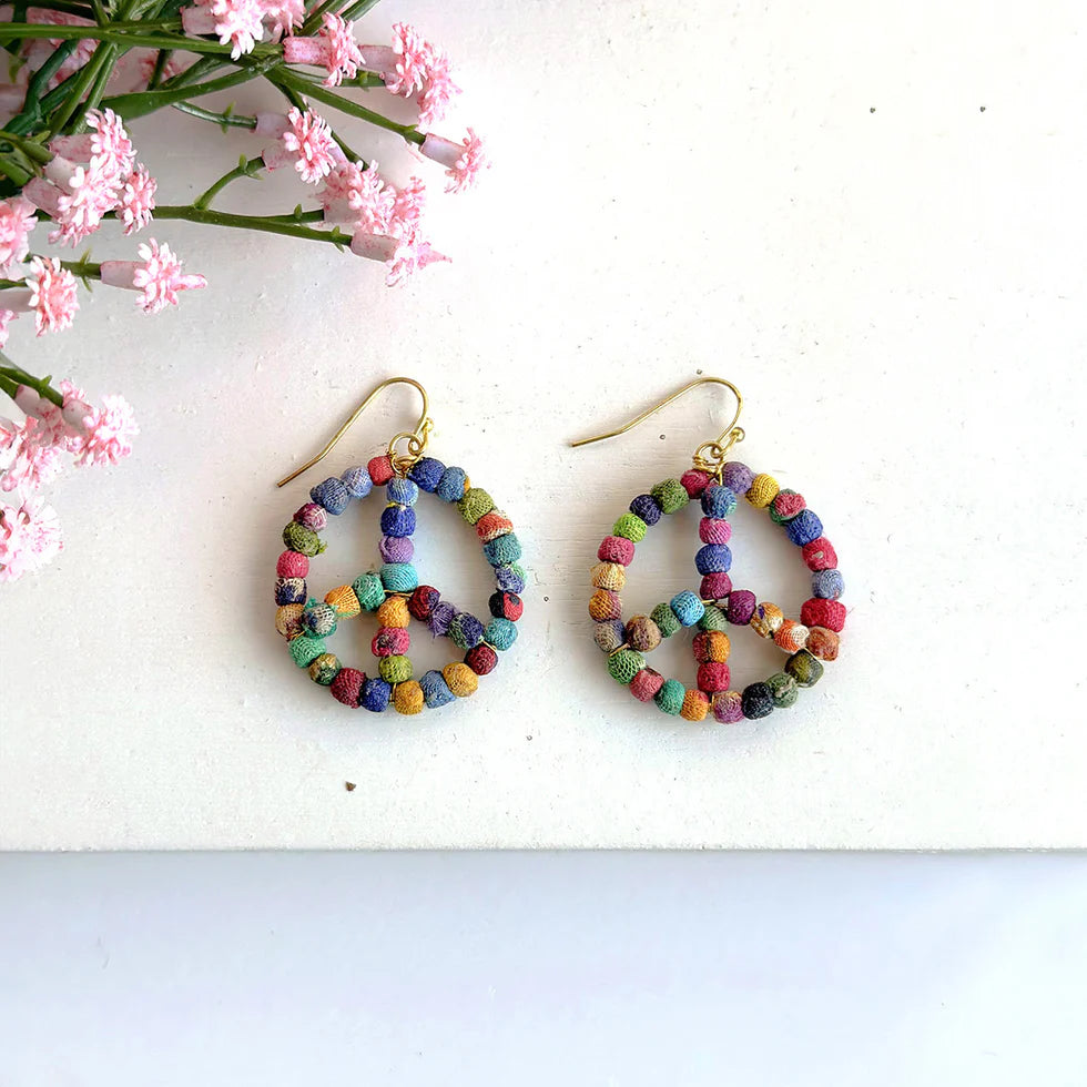 WorldFinds Fair Trade Handmade Kantha Milieu Peace Symbol Earrings