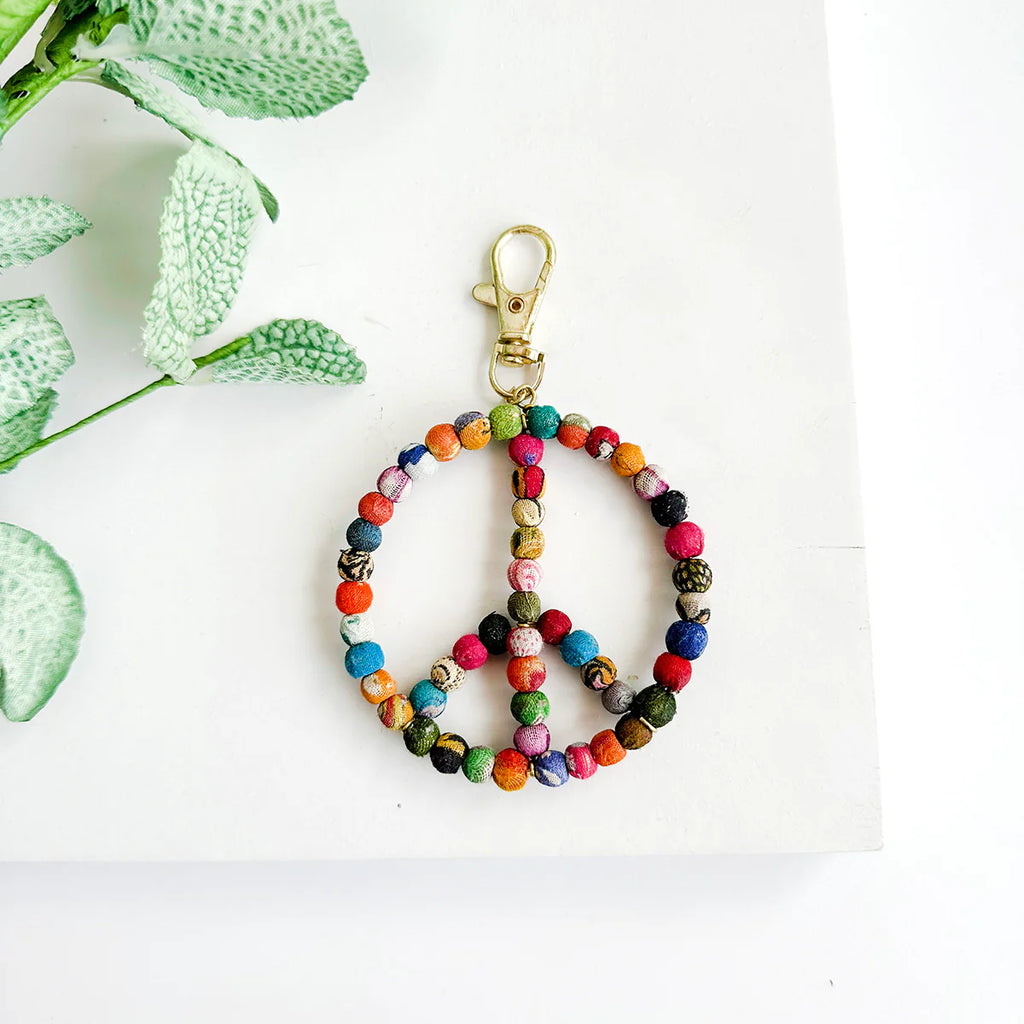 WorldFinds Handmade Kantha Peace Symbol Keychain Bag Clip
