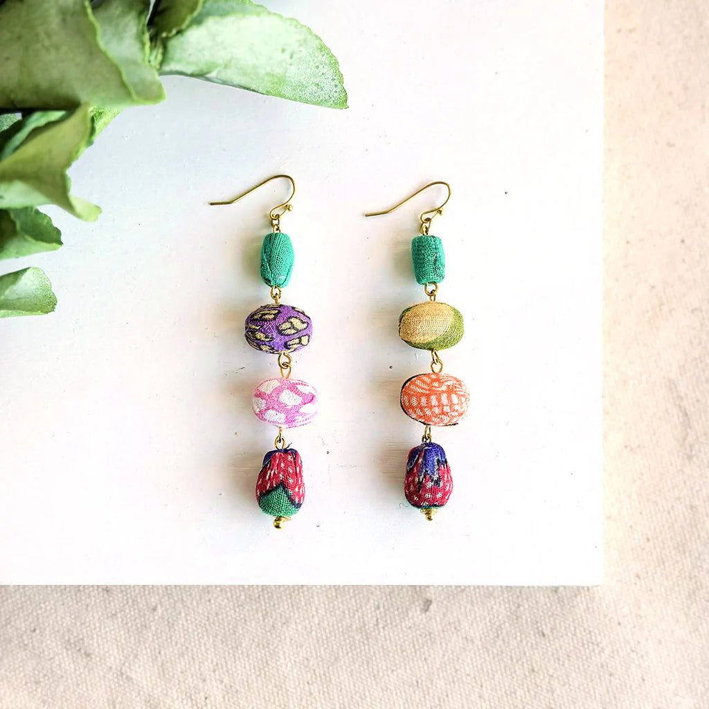 WorldFinds Handmade Kantha Pebbled Drop Earrings