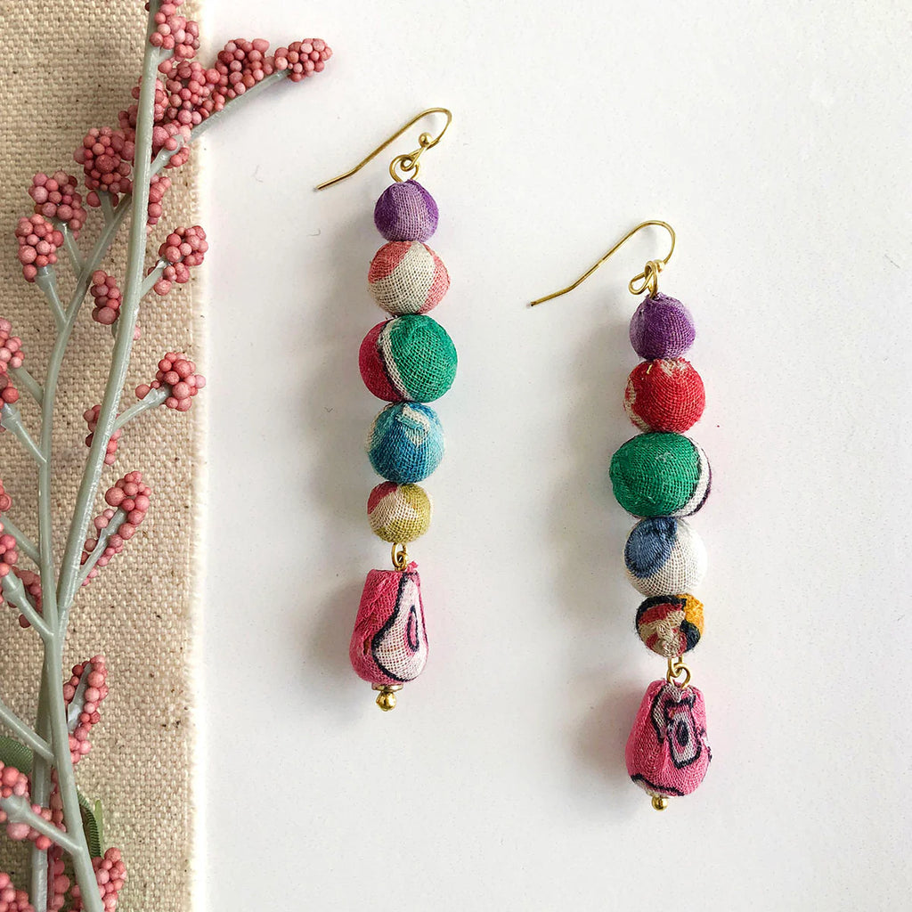 WorldFinds Handmade Fair Trade Upcycled Kantha Vertical Earrings