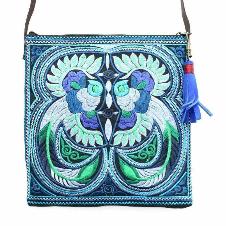 Lumily Embroidered Cross Body Bag with Leather Strap - Thailand