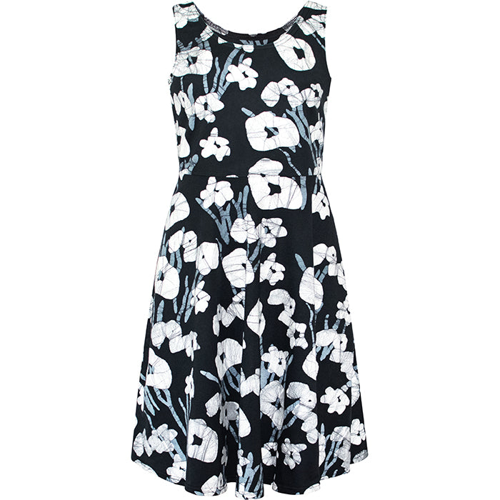 Global Mamas Organic Jersey Knit Cotton Fit & Flare Dress in Black Painted Floral