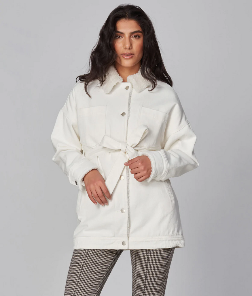 Lola Jeans Long Cotton Denim Tie-Waist Sherpa Lined Jacket in Ivory