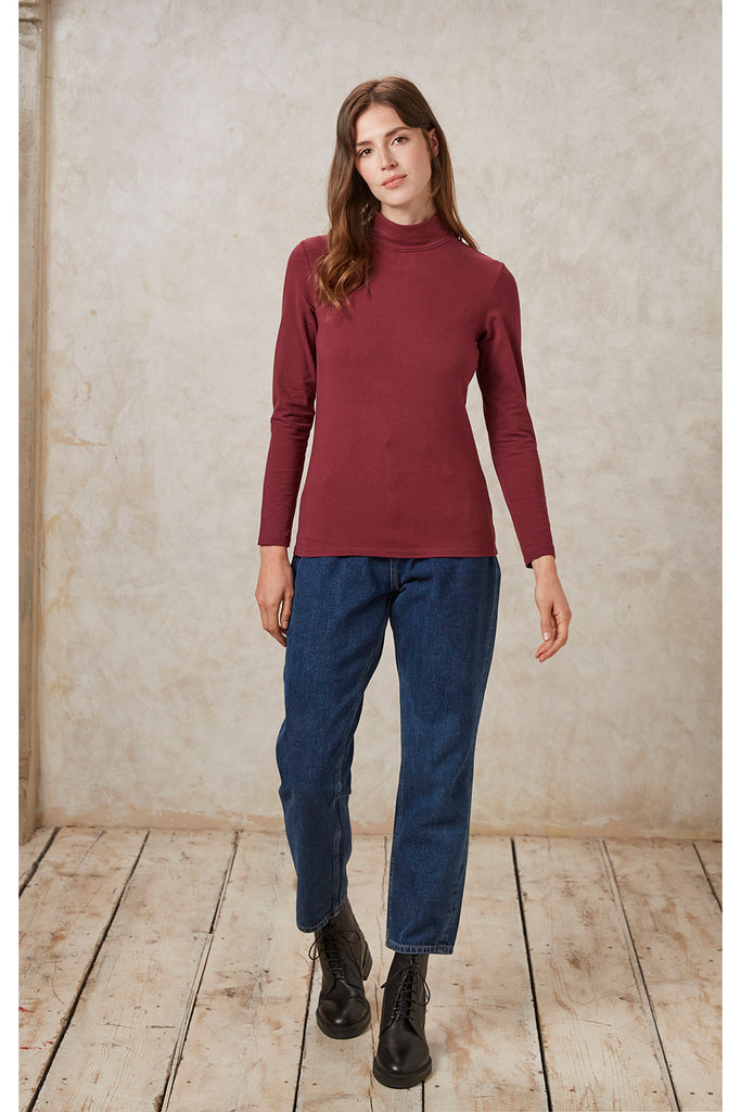 People Tree Organic Cotton Laila Roll Neck Top in Burgandy
