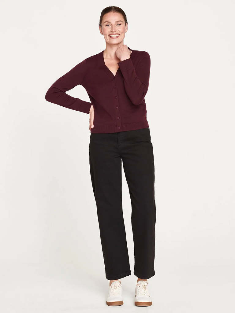 Thought Posie Organic Cotton V-Neck Cardigan in Aubergine Red