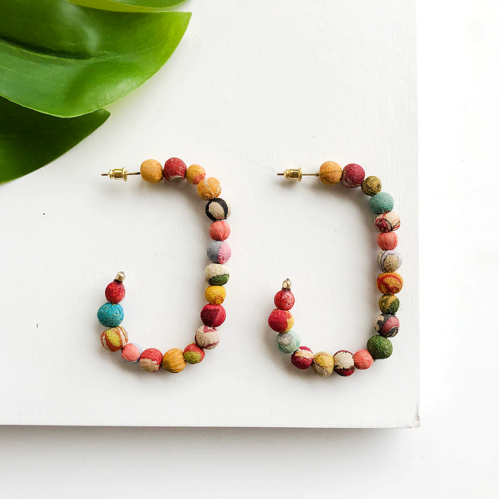WorldFinds Fair Trade Handmade Kantha Bead Rectangular Hoop Earrings