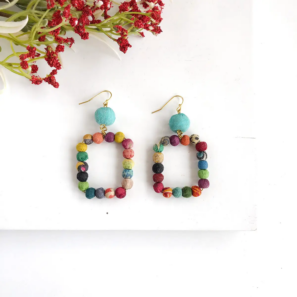 WorldFinds FairTrade Kantha Dangling Square Earrings 