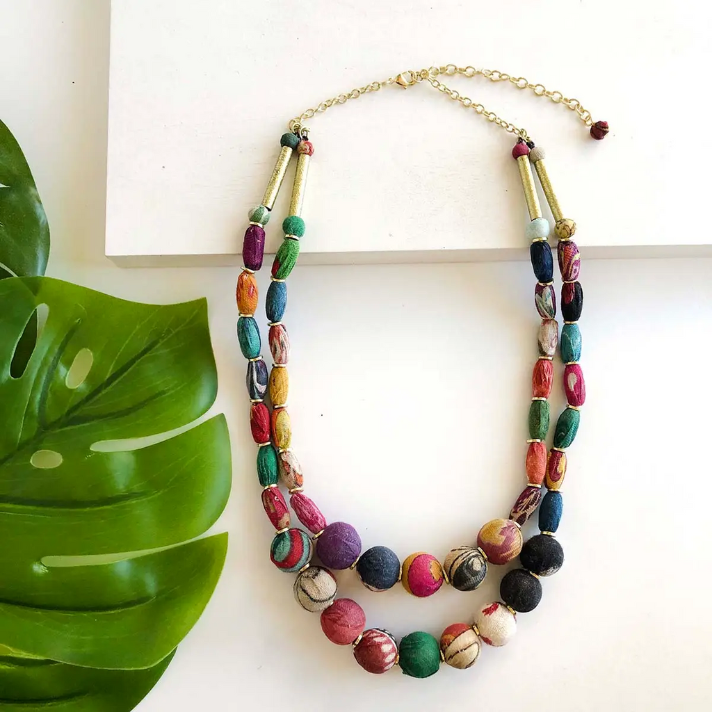 WorldFinds Handmade Fair Trade Beaded Kantha Cylinder Necklace
